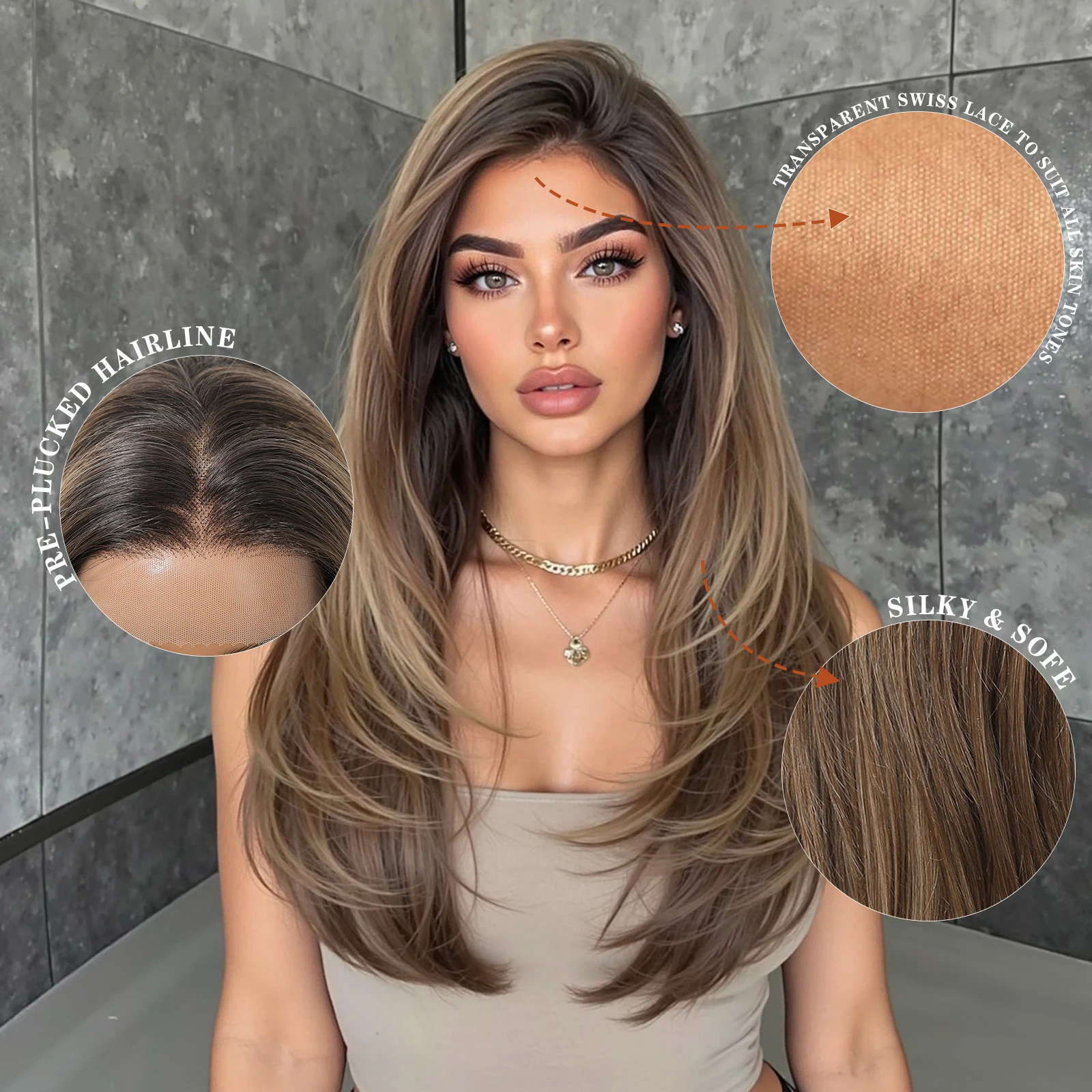 HAIRCUBE Mixed Brown Straight Wigs Dark Roots Natural Hairline 13*6 Transparent Lace Front Synthetic Wig For Women Daily Cosplay