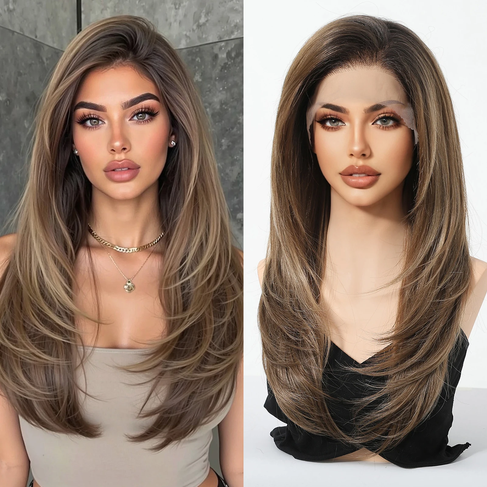 HAIRCUBE Mixed Brown Straight Wigs Dark Roots Natural Hairline 13*6 Transparent Lace Front Synthetic Wig For Women Daily Cosplay