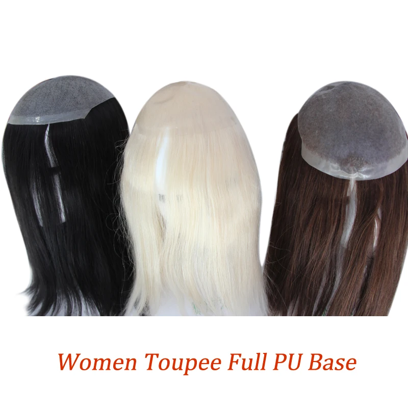 Women Topper Full PU 0.04-0.06mm Human Hair Wigs Straight 100% Human Hairpiece Blonde Hair System Capillary Prosthesis Natural