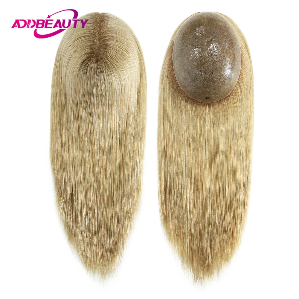 Women Topper Full PU 0.04-0.06mm Human Hair Wigs Straight 100% Human Hairpiece Blonde Hair System Capillary Prosthesis Natural