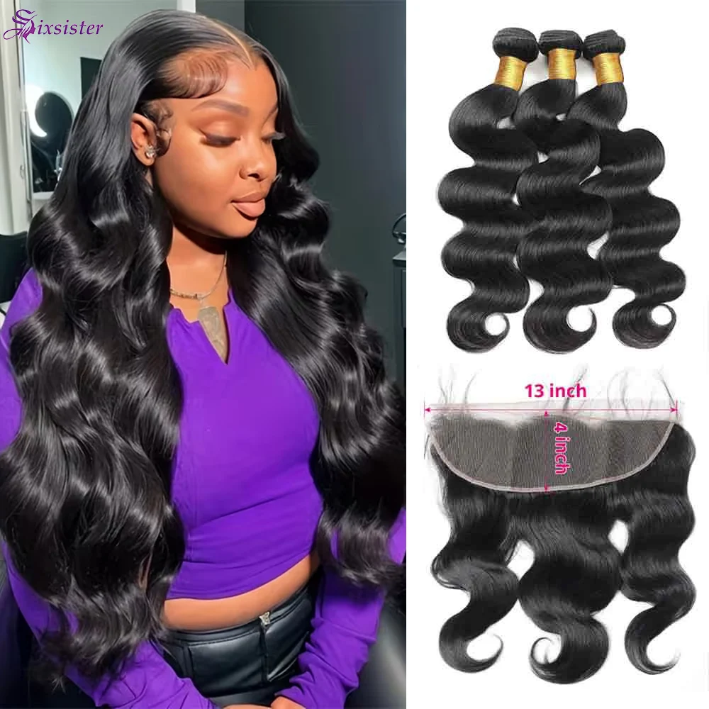 Body Wave Bundles with Frontal Brazilian Human Hair 3 Bundles with 13x4 Lace Frontal 100% Virgin Hair Body Wave Natural Bundles