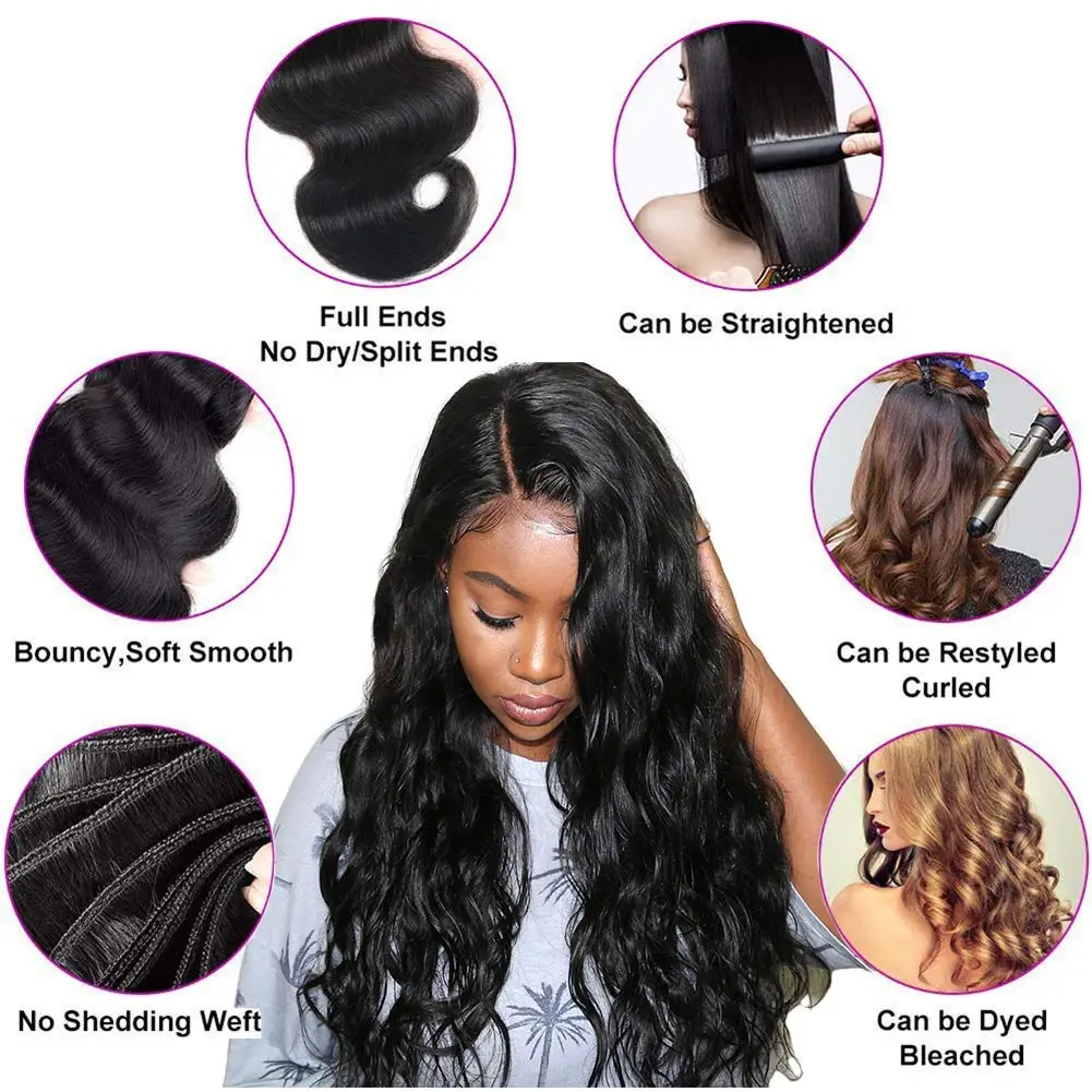 Body Wave Bundles with Frontal Brazilian Human Hair 3 Bundles with 13x4 Lace Frontal 100% Virgin Hair Body Wave Natural Bundles