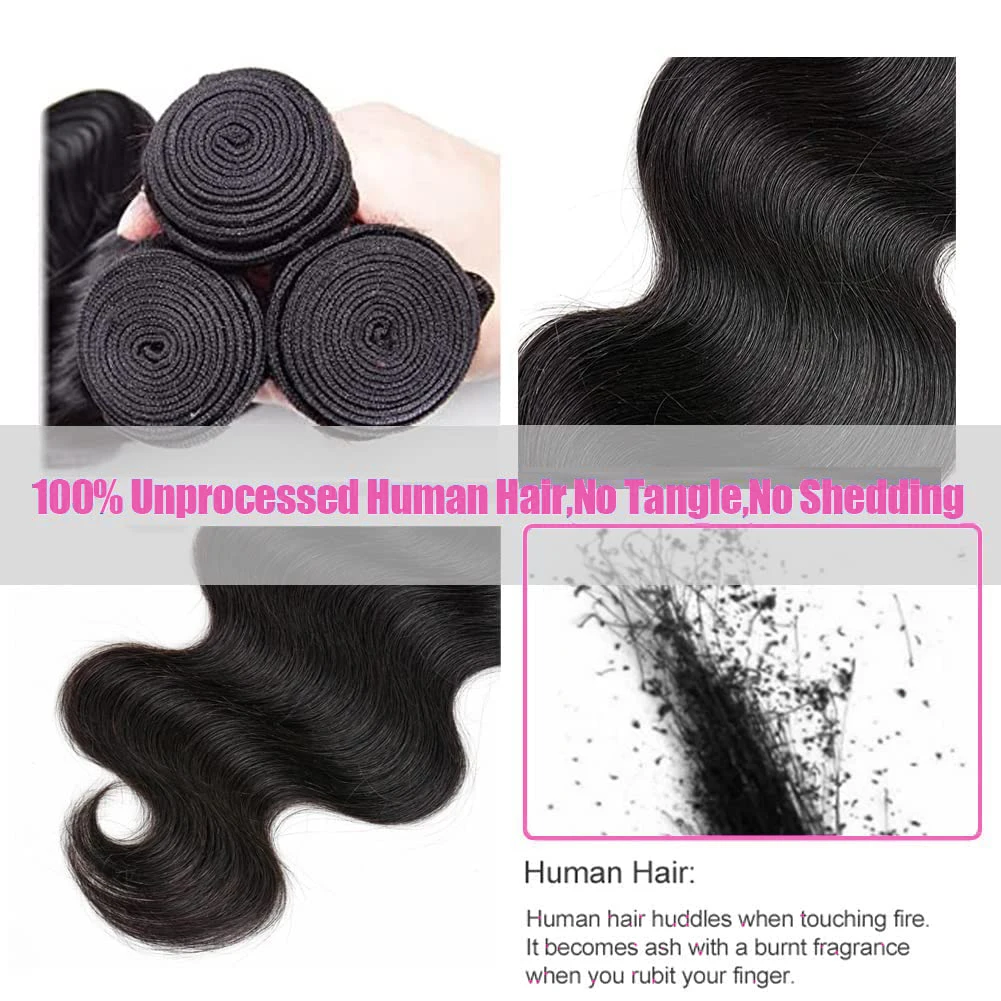 Body Wave Bundles with Frontal Brazilian Human Hair 3 Bundles with 13x4 Lace Frontal 100% Virgin Hair Body Wave Natural Bundles