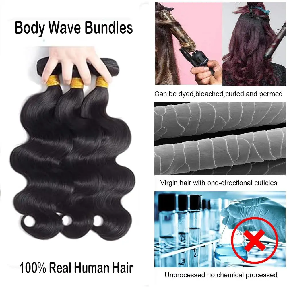 Body Wave Bundles with Frontal Brazilian Human Hair 3 Bundles with 13x4 Lace Frontal 100% Virgin Hair Body Wave Natural Bundles