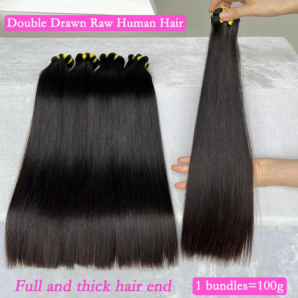 Super Double Drawn Bundles Bone Straight Human Hair Double Weft Unprocessed Raw Virgin Hair Weave Extensions #1B Natural Color