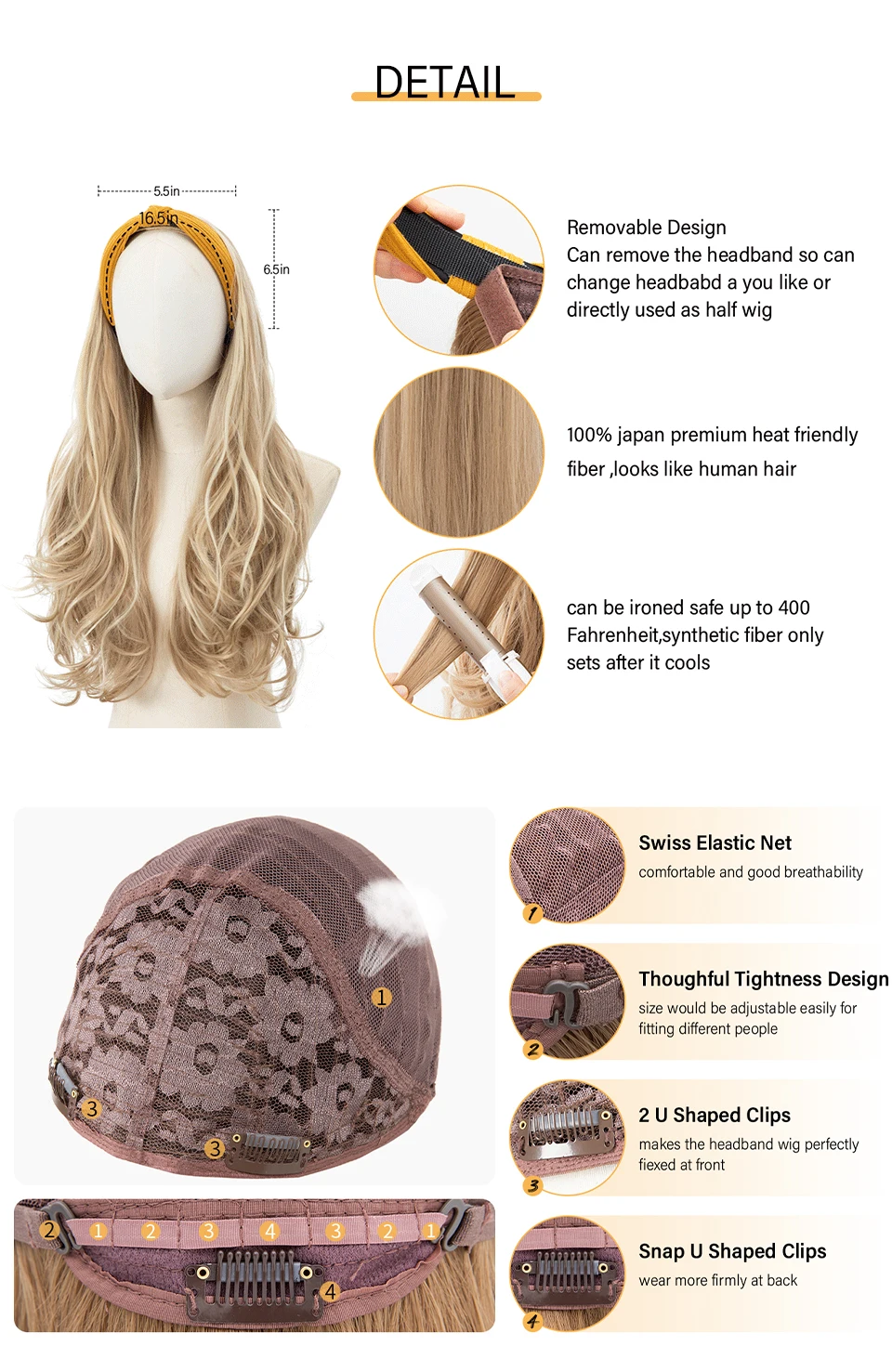 Synthetic Headband wigs Long Curly Wavy Hair Extensions Ombre Brown Black Blonde Half Wig For Women Daily Cosplay