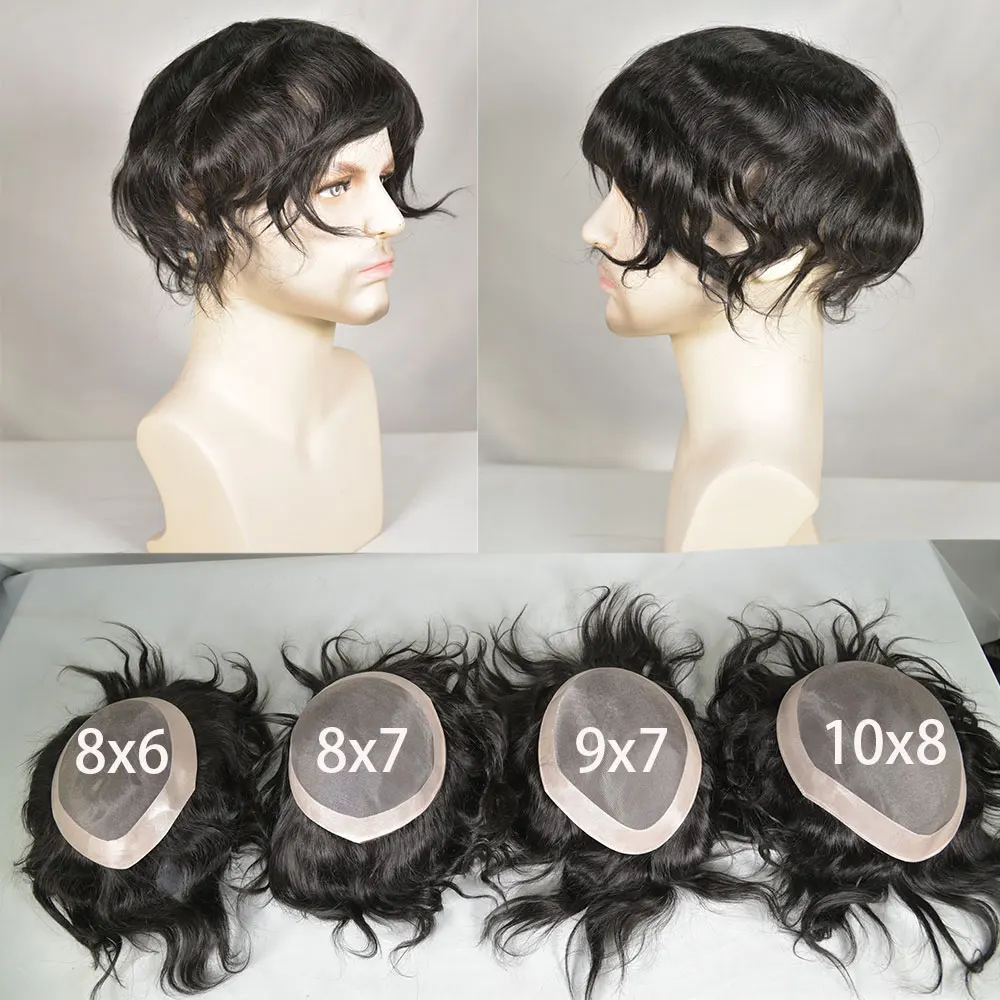 Mono Lace Men's Toupee Human Hair Poly Skin Around Hair Replacement System Durable Monofilament Hairpiece for Men 8x7inch