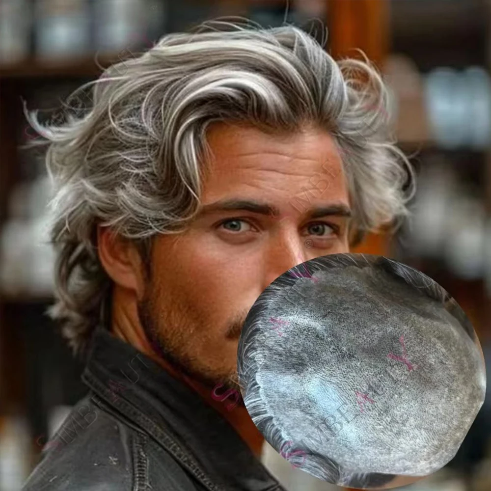 Natural Hairline 1b65 1B80 1b40 Grey Male Remy Human Hair Wigs Replacement Capillary Prosthes Afro Black Old Man Real Hairpieces