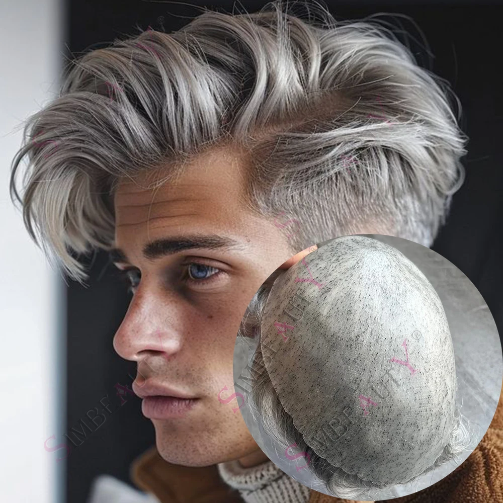 Natural Hairline 1b65 1B80 1b40 Grey Male Remy Human Hair Wigs Replacement Capillary Prosthes Afro Black Old Man Real Hairpieces