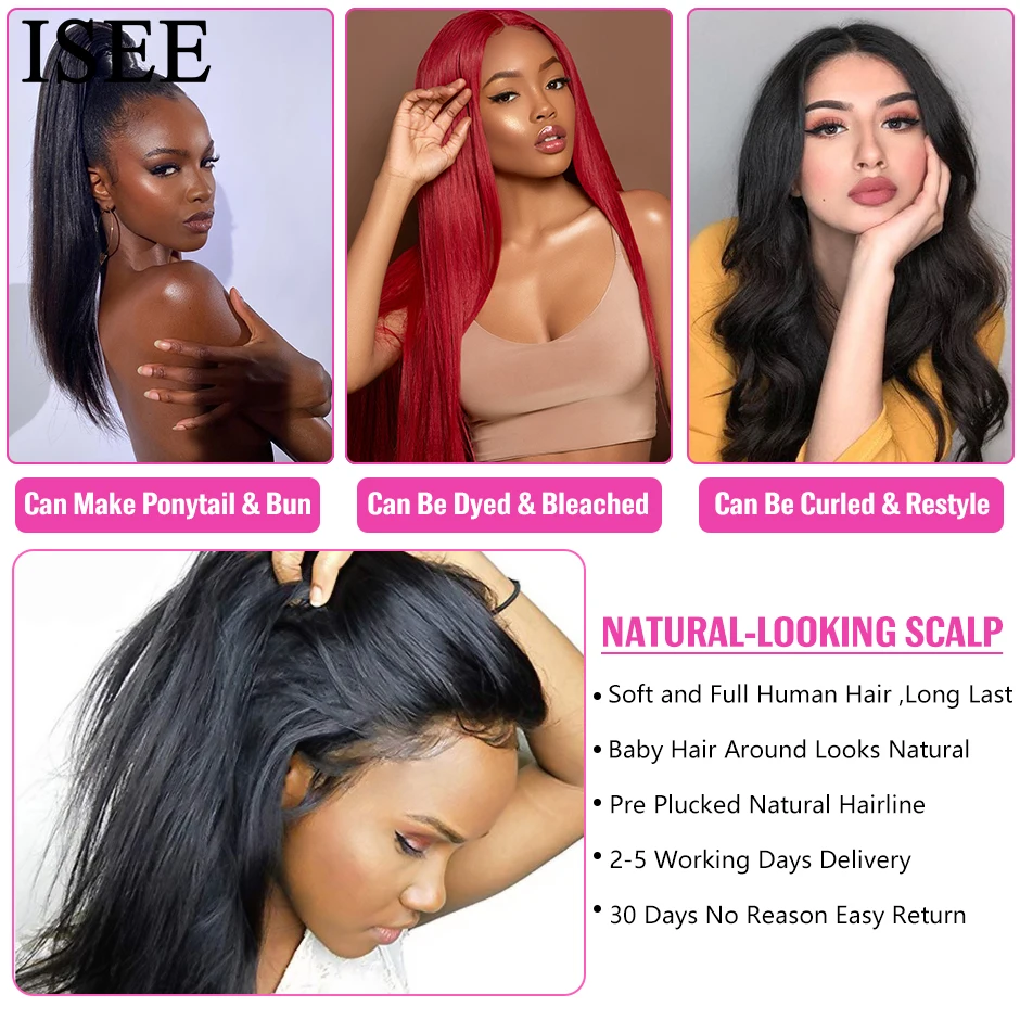 ISEE HAIR Reddish Brown #33 Color Glueless13x6 Straight Lace Frontal Wigs Pre Plucked Wigs Invisi Draw Strings Human Hair Wigs