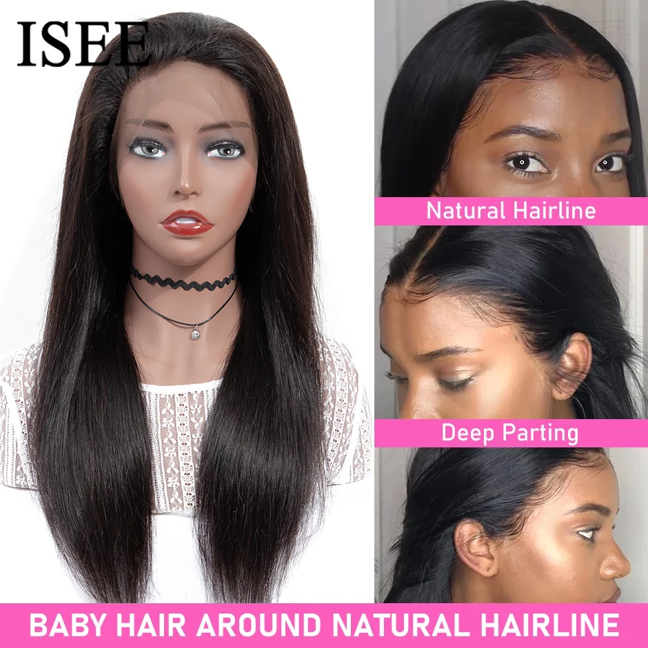 ISEE HAIR Reddish Brown #33 Color Glueless13x6 Straight Lace Frontal Wigs Pre Plucked Wigs Invisi Draw Strings Human Hair Wigs