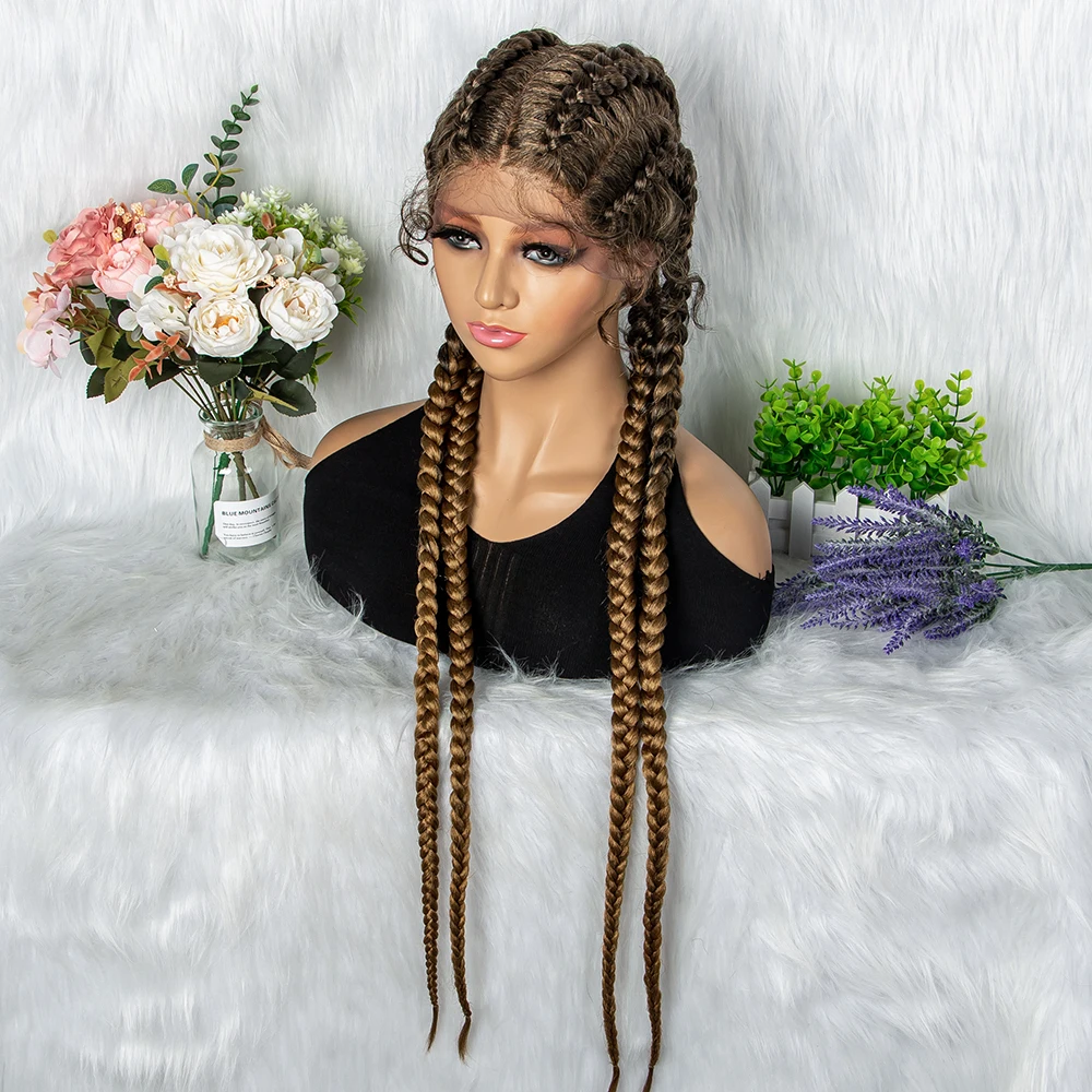27/613 Color 36 Inches Synthetic Cornrow Braided Wigs for Black Women with Baby Hair Lace Frontal Box Braids Wig Daily Use