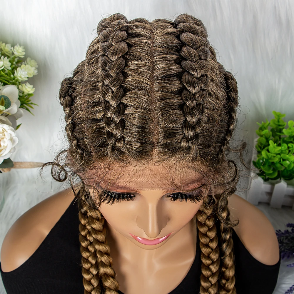 27/613 Color 36 Inches Synthetic Cornrow Braided Wigs for Black Women with Baby Hair Lace Frontal Box Braids Wig Daily Use