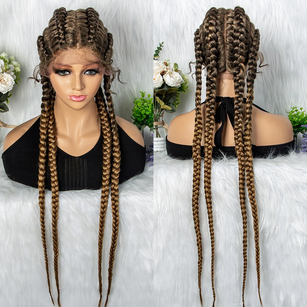 27/613 Color 36 Inches Synthetic Cornrow Braided Wigs for Black Women with Baby Hair Lace Frontal Box Braids Wig Daily Use