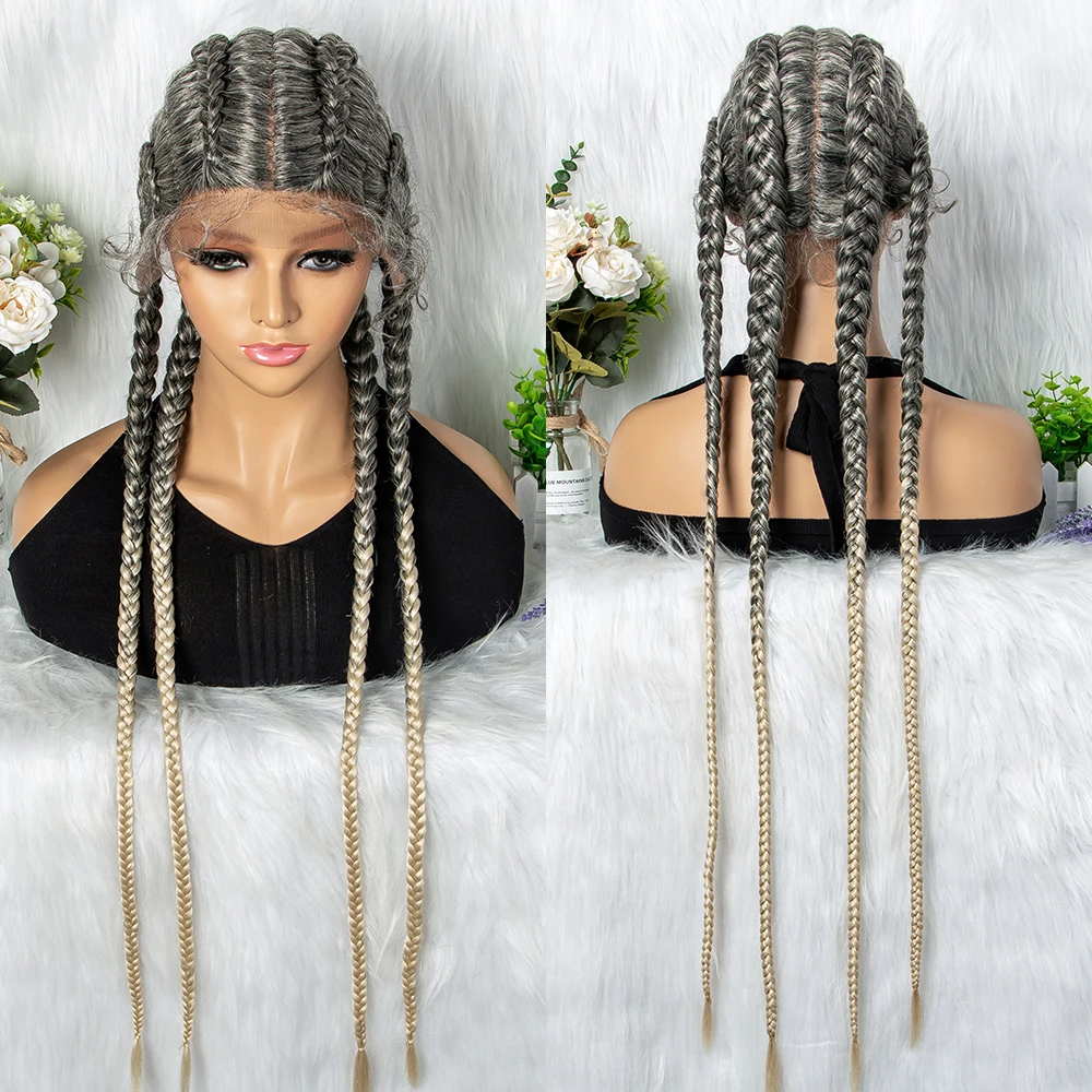 27/613 Color 36 Inches Synthetic Cornrow Braided Wigs for Black Women with Baby Hair Lace Frontal Box Braids Wig Daily Use