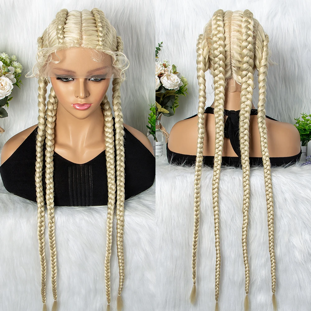 27/613 Color 36 Inches Synthetic Cornrow Braided Wigs for Black Women with Baby Hair Lace Frontal Box Braids Wig Daily Use