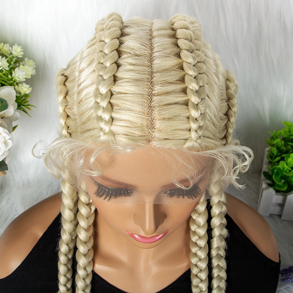 27/613 Color 36 Inches Synthetic Cornrow Braided Wigs for Black Women with Baby Hair Lace Frontal Box Braids Wig Daily Use