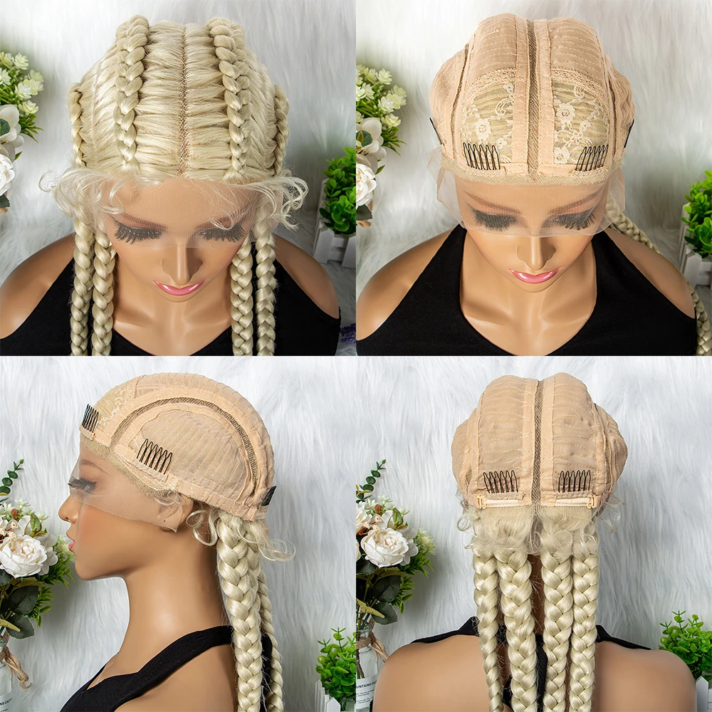 27/613 Color 36 Inches Synthetic Cornrow Braided Wigs for Black Women with Baby Hair Lace Frontal Box Braids Wig Daily Use