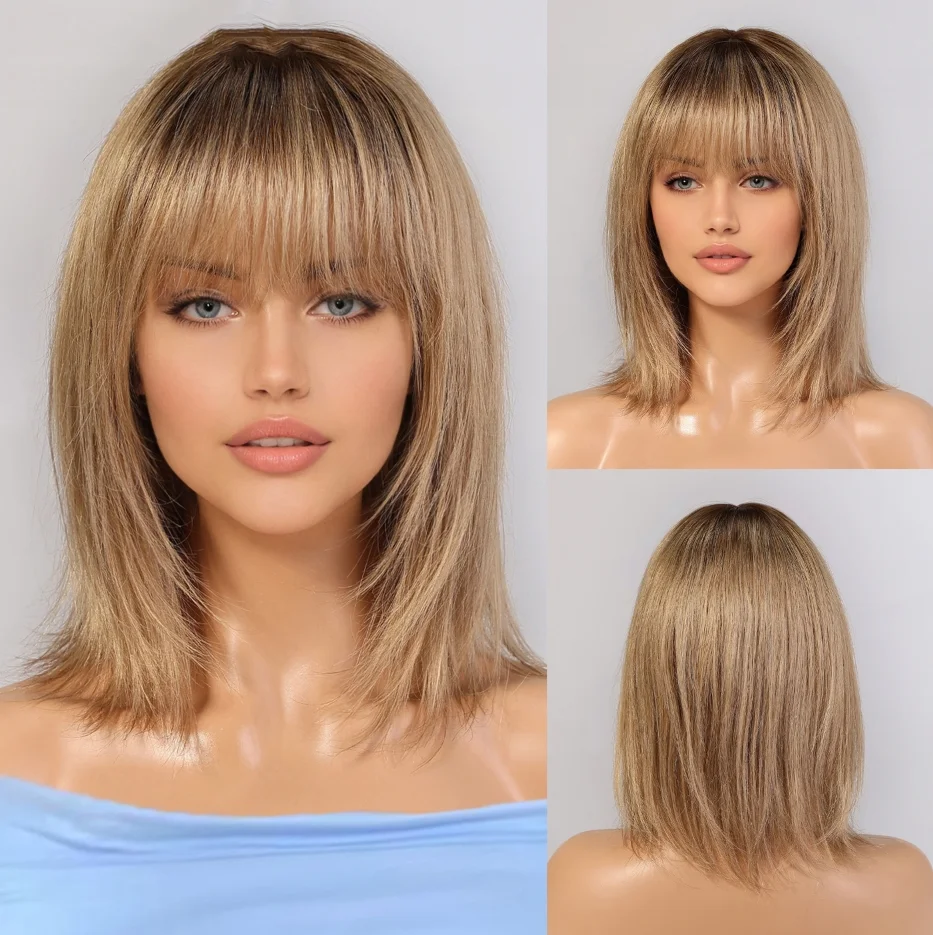 12 Inch Ombre Brown Wigs Human Hair for Women Short Straight Remy Human Hair Wigs With Bangs Brown Natural Hair Real Human Hair