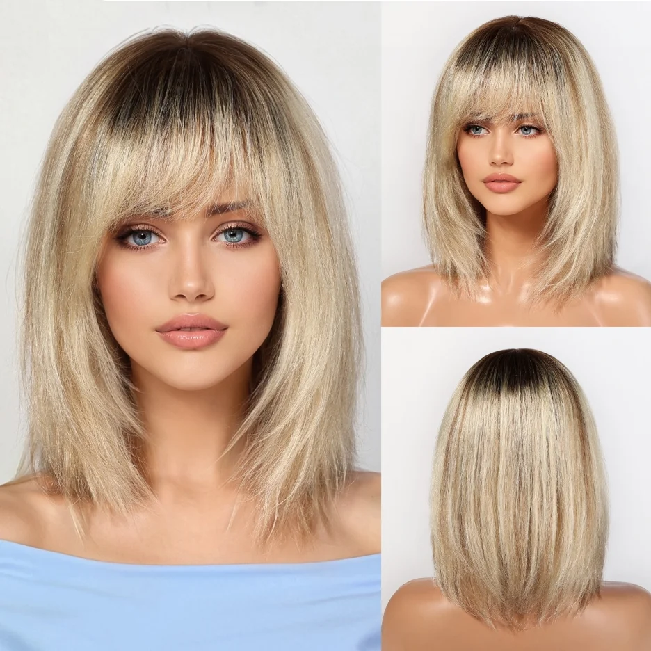 12 Inch Ombre Brown Wigs Human Hair for Women Short Straight Remy Human Hair Wigs With Bangs Brown Natural Hair Real Human Hair