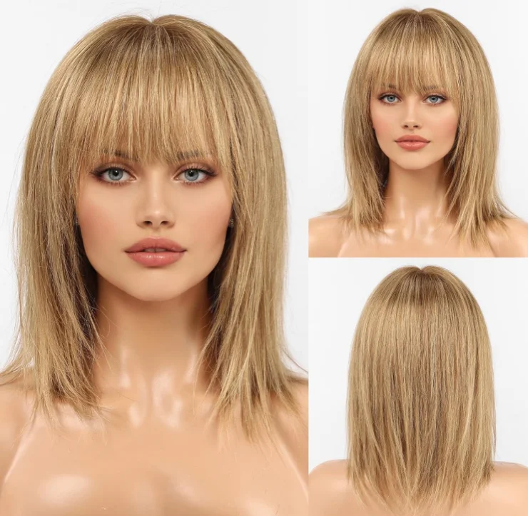12 Inch Ombre Brown Wigs Human Hair for Women Short Straight Remy Human Hair Wigs With Bangs Brown Natural Hair Real Human Hair
