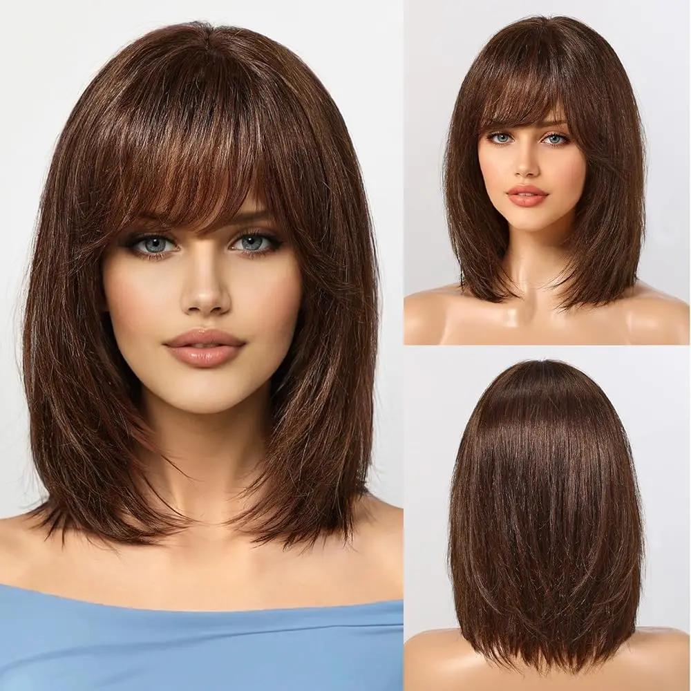 12 Inch Ombre Brown Wigs Human Hair for Women Short Straight Remy Human Hair Wigs With Bangs Brown Natural Hair Real Human Hair