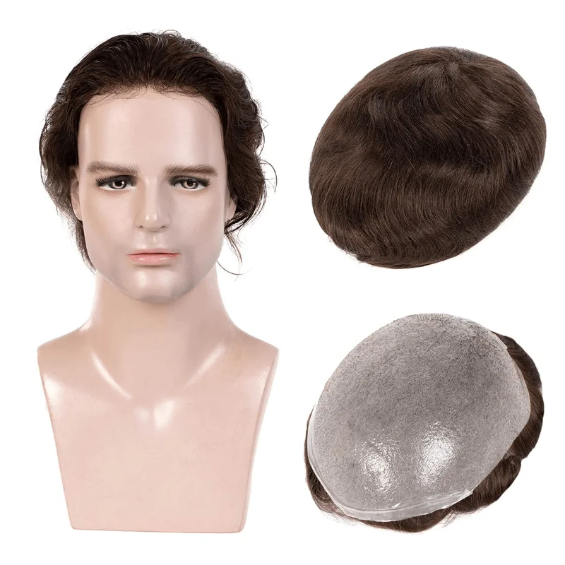Male Hair Prosthesis Skin 0.02mm Base Toupee Men Wig Human Hair Wigs Undetectable Replacement Systems Men's Capillary Prothesis