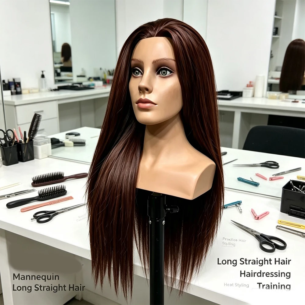 26"Mannequin Head High Grade 95% Real Hair Hairdressing Head Dummy Nice Dolls Dark Brown Long Hair Training Head With Shoulder