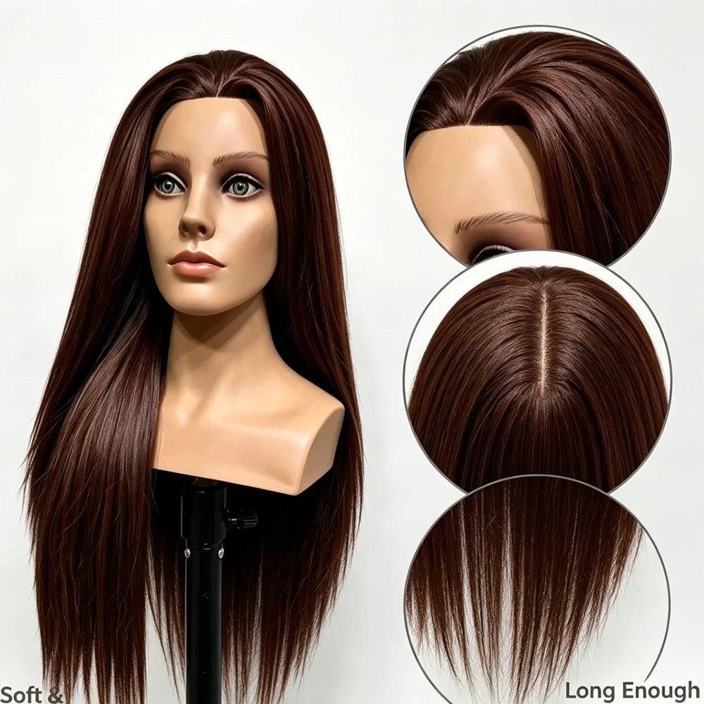 26"Mannequin Head High Grade 95% Real Hair Hairdressing Head Dummy Nice Dolls Dark Brown Long Hair Training Head With Shoulder
