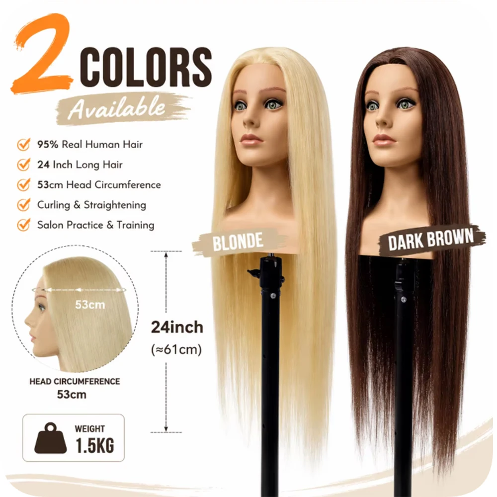26"Mannequin Head High Grade 95% Real Hair Hairdressing Head Dummy Nice Dolls Dark Brown Long Hair Training Head With Shoulder