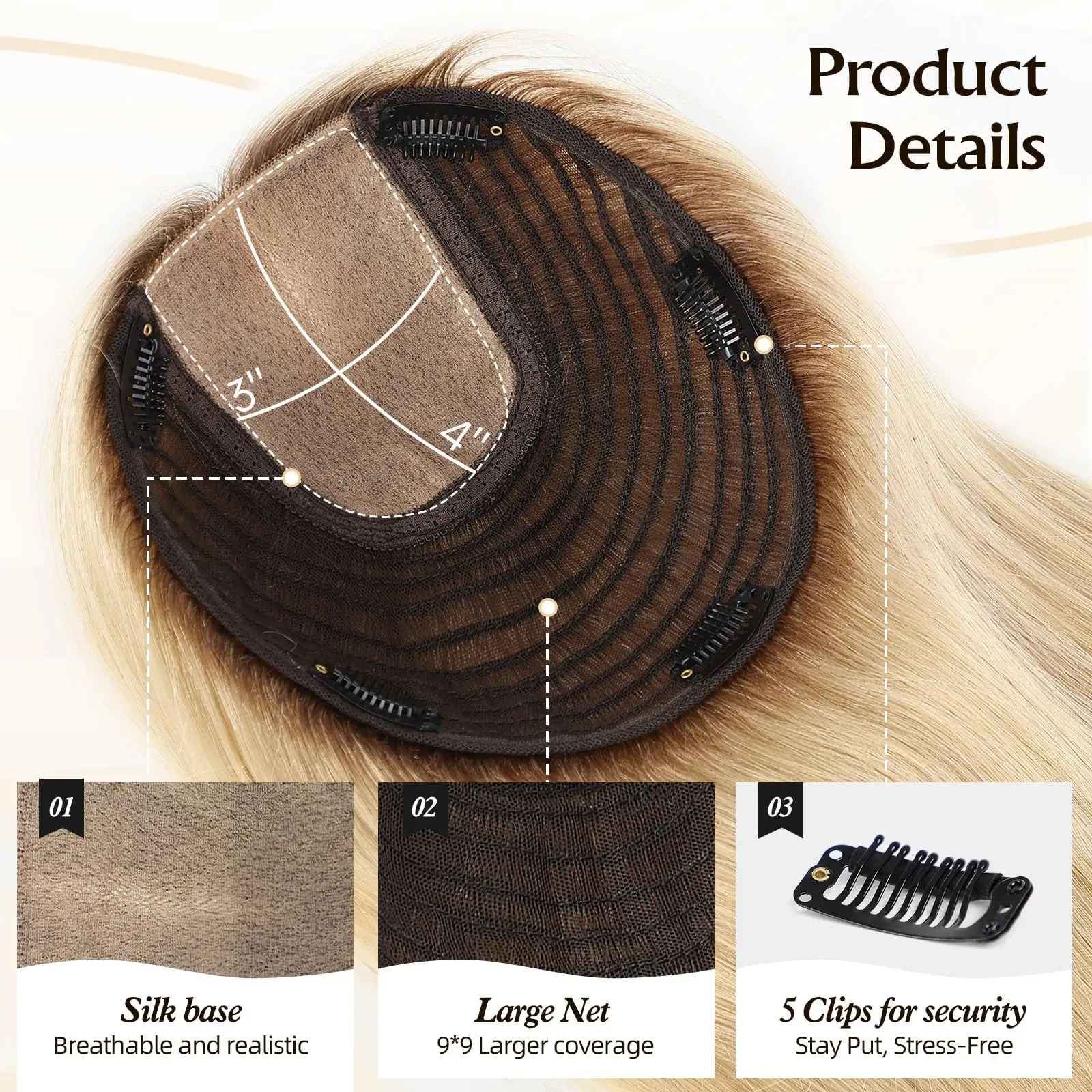 16inch Ombre Light Blonde Human Hair Toppers 9x9inch Natural Remy 5Clips Silk Base Hair Topper with Bangs in Extension for Women