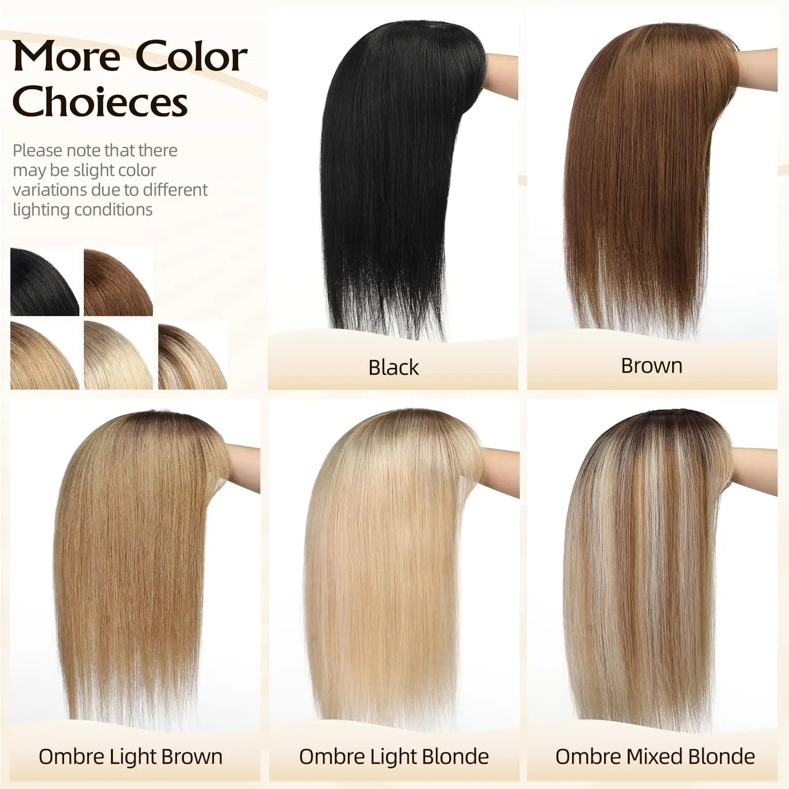 16inch Ombre Light Blonde Human Hair Toppers 9x9inch Natural Remy 5Clips Silk Base Hair Topper with Bangs in Extension for Women