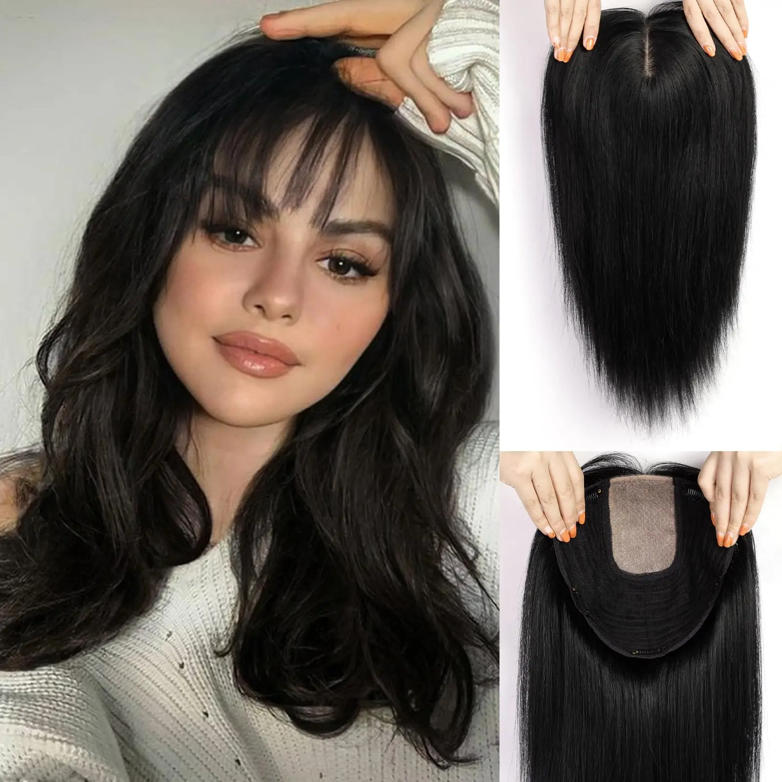16inch Ombre Light Blonde Human Hair Toppers 9x9inch Natural Remy 5Clips Silk Base Hair Topper with Bangs in Extension for Women