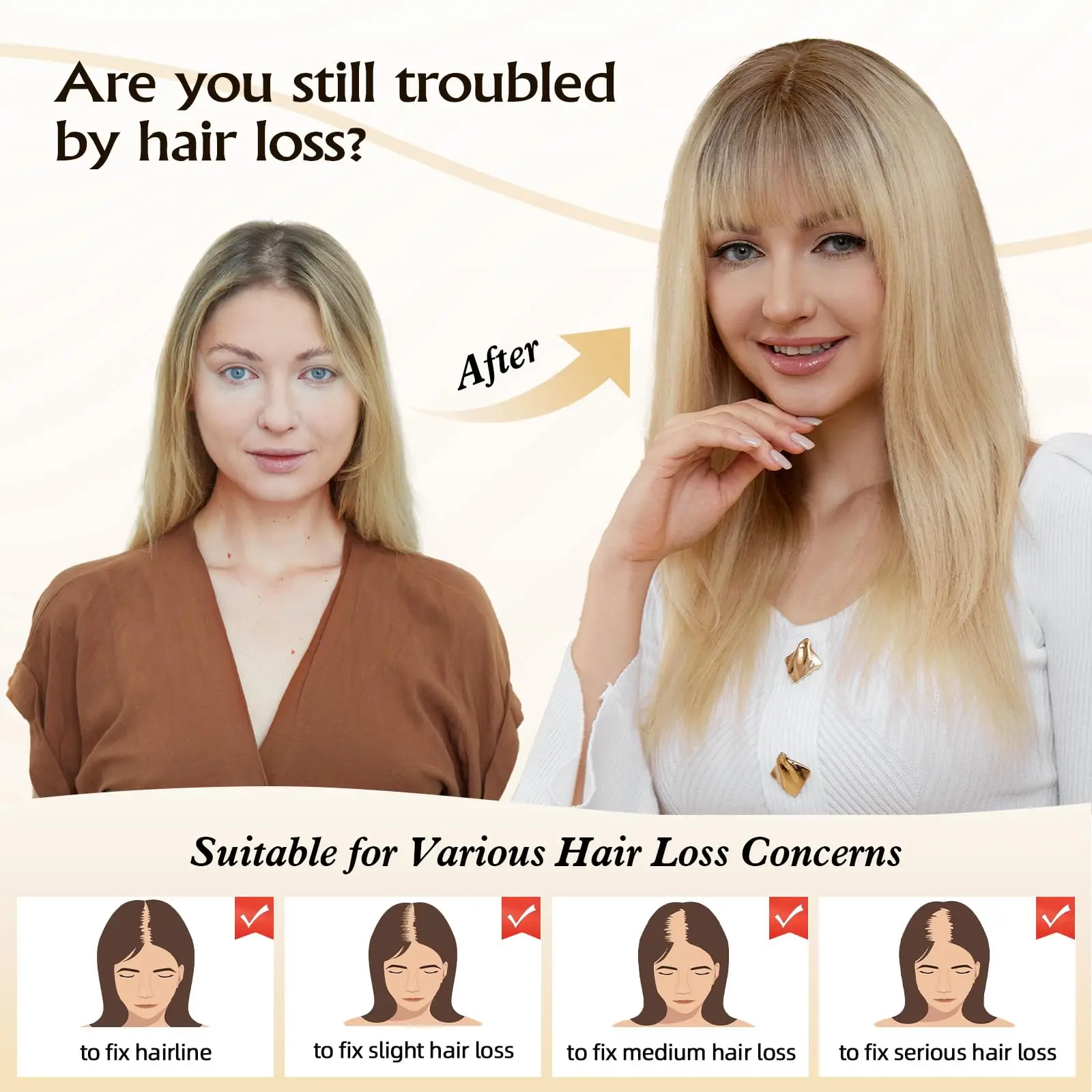 16inch Ombre Light Blonde Human Hair Toppers 9x9inch Natural Remy 5Clips Silk Base Hair Topper with Bangs in Extension for Women
