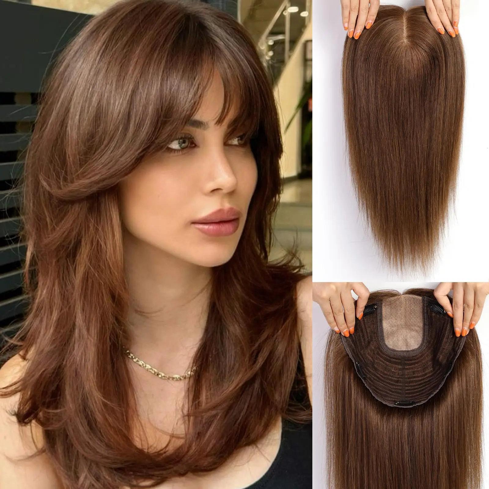 16inch Ombre Light Blonde Human Hair Toppers 9x9inch Natural Remy 5Clips Silk Base Hair Topper with Bangs in Extension for Women