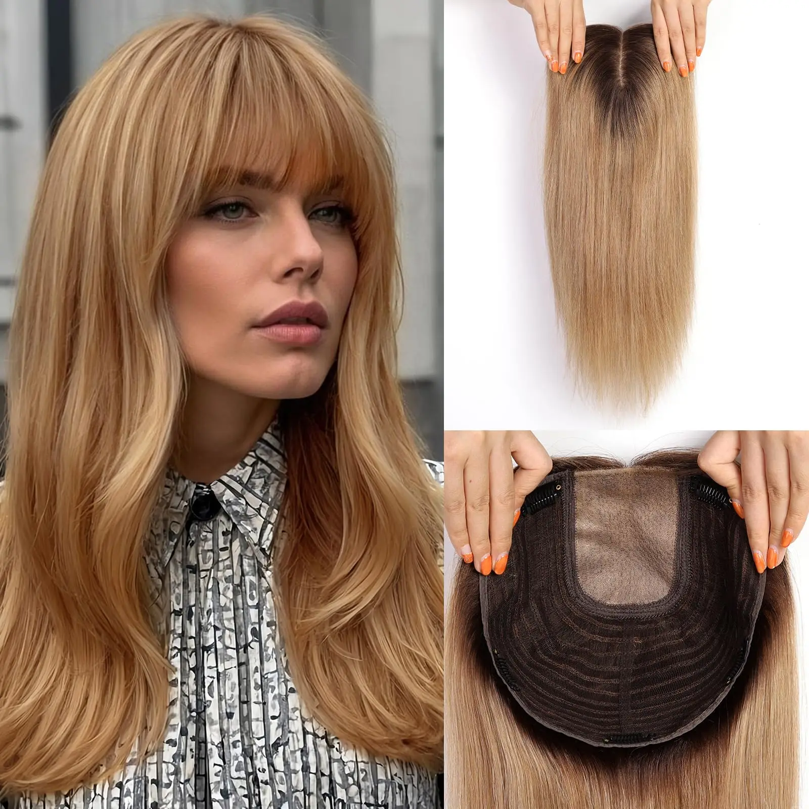 16inch Ombre Light Blonde Human Hair Toppers 9x9inch Natural Remy 5Clips Silk Base Hair Topper with Bangs in Extension for Women