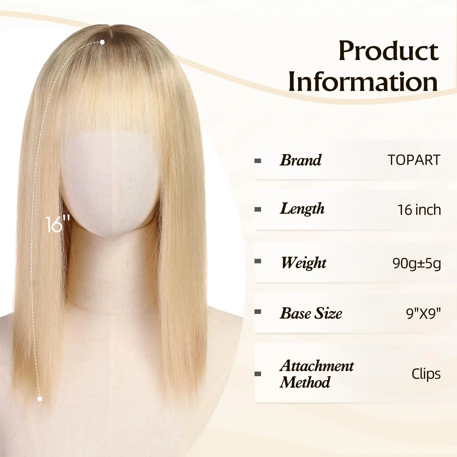 16inch Ombre Light Blonde Human Hair Toppers 9x9inch Natural Remy 5Clips Silk Base Hair Topper with Bangs in Extension for Women
