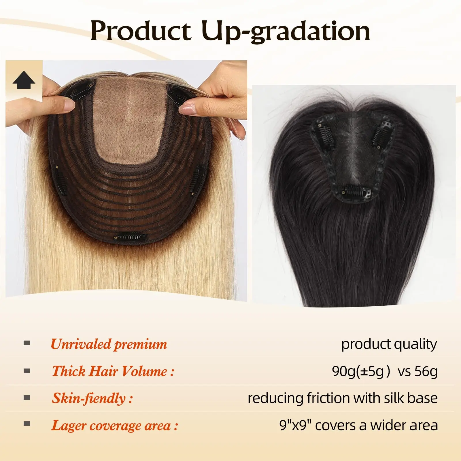 16inch Ombre Light Blonde Human Hair Toppers 9x9inch Natural Remy 5Clips Silk Base Hair Topper with Bangs in Extension for Women