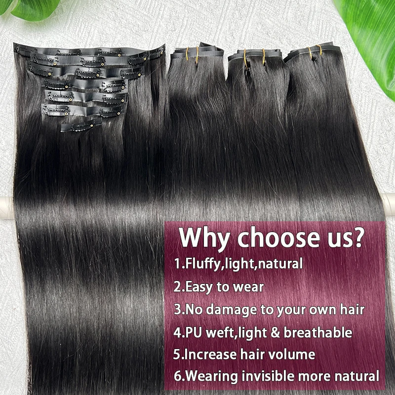 Vietnamese PU Clip in Extensions Human Hair Straight Hair Seamless Skin Weft Clip-in Hair 100% Raw Virgin Human Hair Full Head