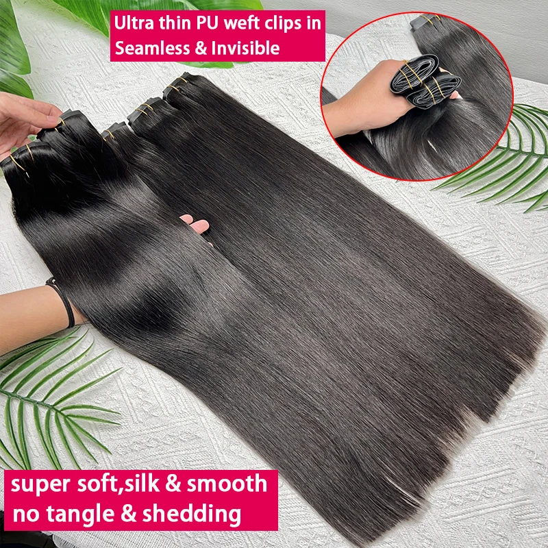 Vietnamese PU Clip in Extensions Human Hair Straight Hair Seamless Skin Weft Clip-in Hair 100% Raw Virgin Human Hair Full Head