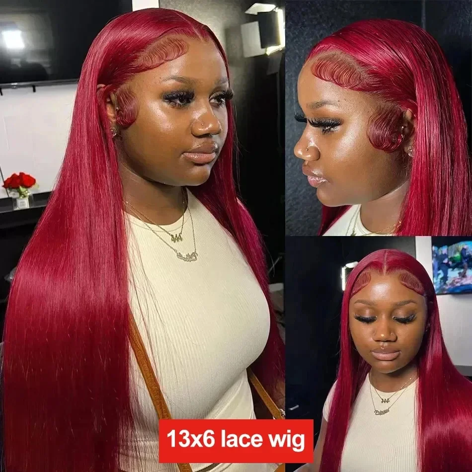 250 Density Bone Straight Burgundy 13x4 Lace Colored Red Wig 99J Human Hair Wig 13x6 HD Transparent Lace Frontal Wigs Pre Plucked With Baby Hair 32 Inch Brazilian Hair For Women