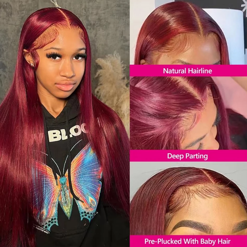 250 Density Bone Straight Burgundy 13x4 Lace Colored Red Wig 99J Human Hair Wig 13x6 HD Transparent Lace Frontal Wigs Pre Plucked With Baby Hair 32 Inch Brazilian Hair For Women