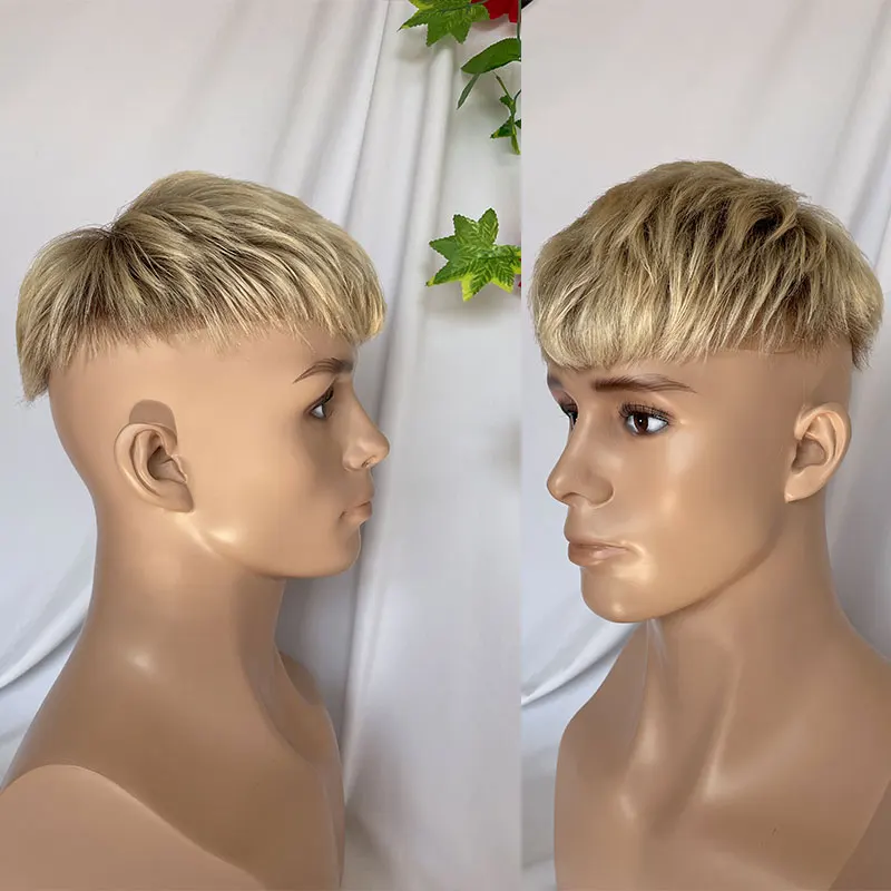 Men's 3Inch Cut Short Hair Toupée Human Hair Wig Swiss Lace Frontal PU Hairpieces 8x10 Omber 613# Color Systems Black Hairpiece