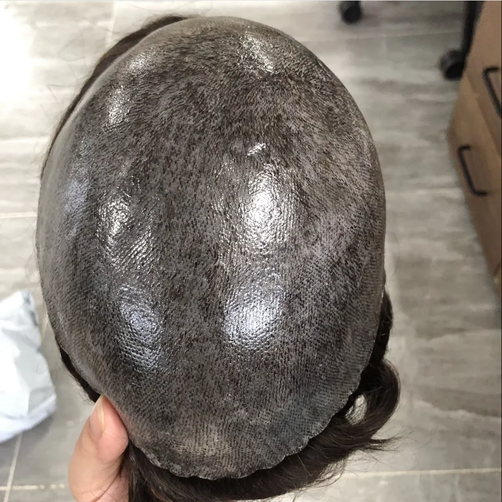 Natural Human Hair Men Toupee Natural Hairline Durable Full PU 0.1mm Base Black Grey Undetectable Man Wigs Capillary Prosthesis