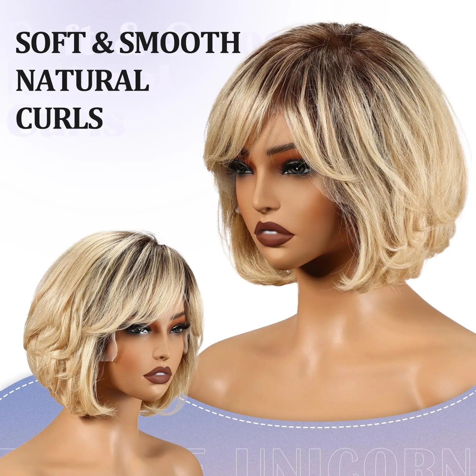 100% Remy Human Hair Transparent Lace Frontal Wig Short Wavy Bob Human Hair Wig Ash Brown Ombre Pixie Cut Hair for White Women