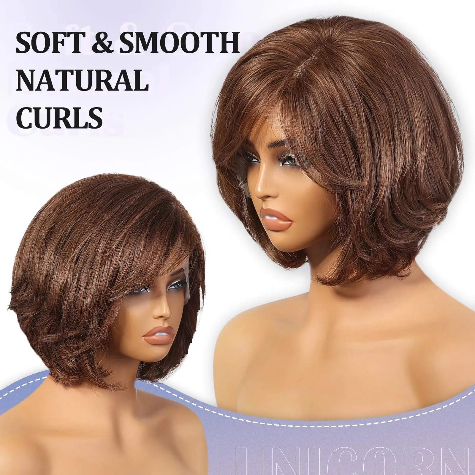 100% Remy Human Hair Transparent Lace Frontal Wig Short Wavy Bob Human Hair Wig Ash Brown Ombre Pixie Cut Hair for White Women