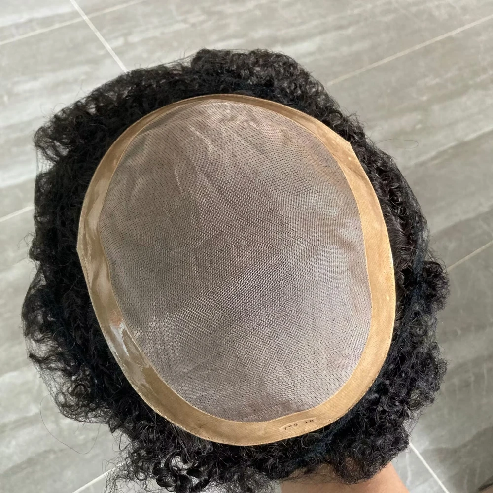 Black Mens Human Hair Mono NPU Durable Hair Replacement Prosthesis System 10MM Deep Waves Afro Hairstyle Men's Toupee