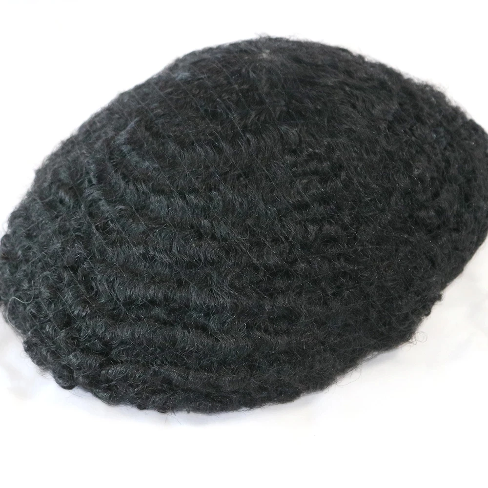 Black Mens Human Hair Mono NPU Durable Hair Replacement Prosthesis System 10MM Deep Waves Afro Hairstyle Men's Toupee