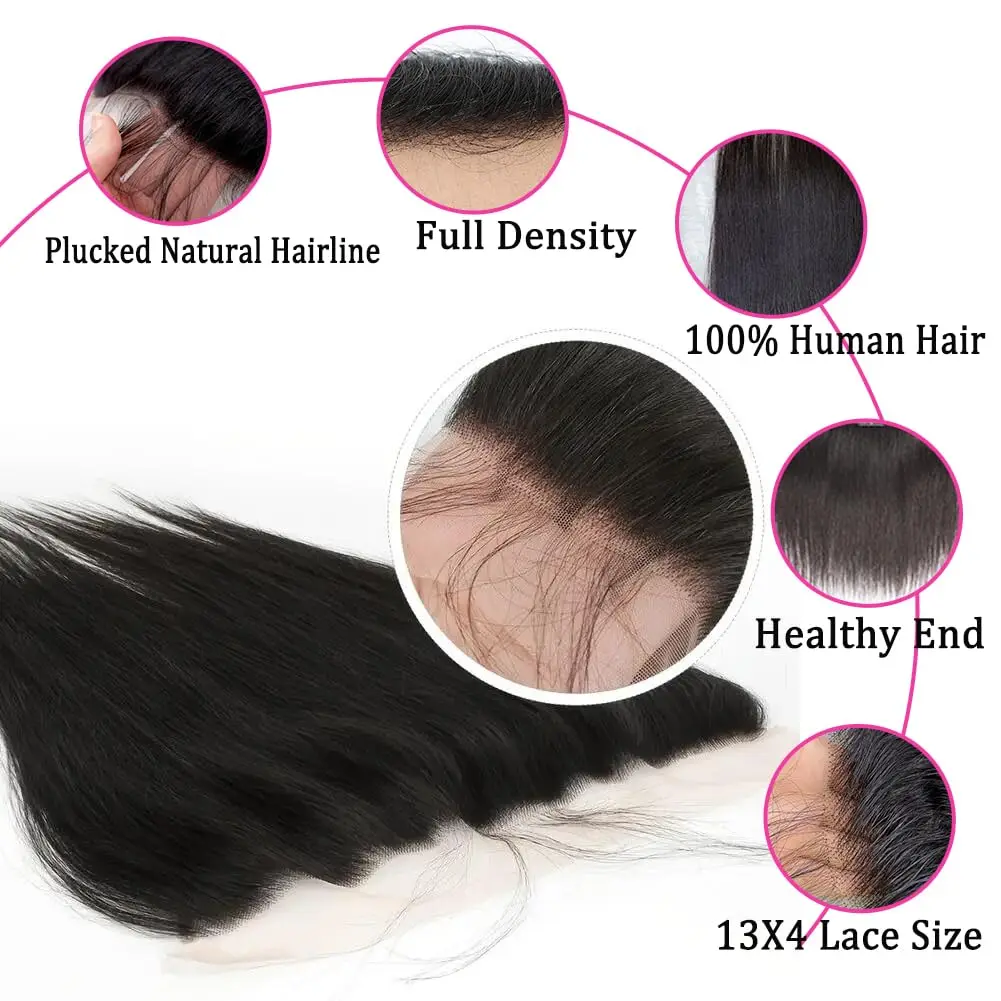Straight Brazilian Human Hair 3 Bundles with 13x4 Frontal 100% Virgin Hair Natural Hairline Straight Bundles with 4x4 Closure