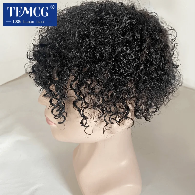 15MM Curly Male Hair Prosthesis Toupee Men Wig Indian Human Hair Comfortable Skin Base Wigs For Men System Replacement Man Wig